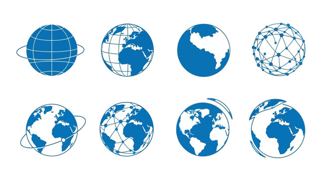 Collection of blue earth globe icons.