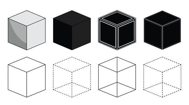 Set of diverse isometric cube designs displaying various geometric styles and artistic line art patterns