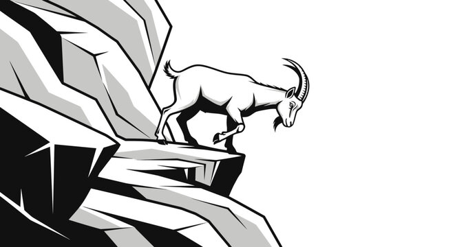 Stylized Ibex on Rocky Cliff Edge, Monochrome Illustration