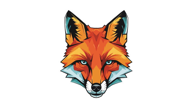 Stylized Fox Head Portrait, Geometric Art, Red Fox, Blue Eyes, White Background