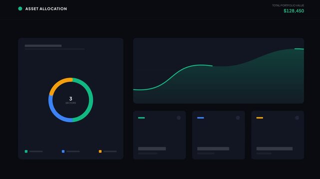 Stock market data visualization on a screen shows a colorful pie chart and a wavy line graph on a dark background with various statistics