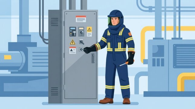 Worker in safety gear interacts with an electrical panel in a facility during an arc flash situation while ensuring safety protocols are followed.