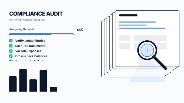 A compliance audit illustration shows a magnifying glass on documents with bar graphs nearby.