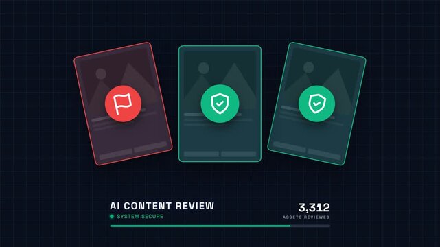 Loading interface displays AI content review progress on screen with icons