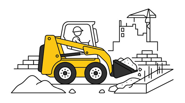 Yellow Skid Steer Loader Illustration with Operator at a Building Site, Heavy Machinery Line Art for Construction Industry
