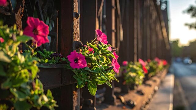 Petunias bloom on rustic ironwork with sunlight
