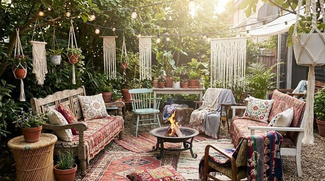 Cozy bohemian patio lounge with patterned rugs, cushioned seating, string lights and hanging macrame, surrounded by lush plants, warm inviting mood for relaxing and entertaining