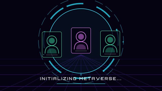 A futuristic virtual reality system loading animation displays three user icons.