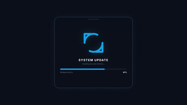 Motion graphics animation of a blue system update loading screen on a black background with a progress bar