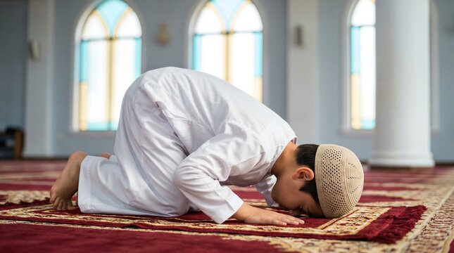 Young boy wearing white traditional clothing performs prostration on a prayer rug inside a peaceful mosque during Islamic prayer.