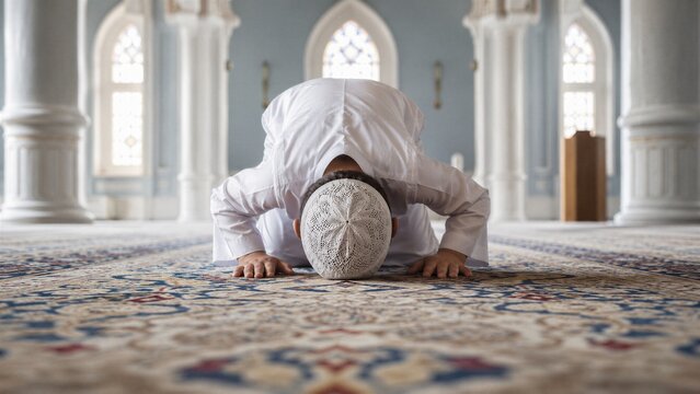 Young Muslim boy in white clothing performs the act of prostration during prayer inside a mosque with ornate carpets and architectural arches.