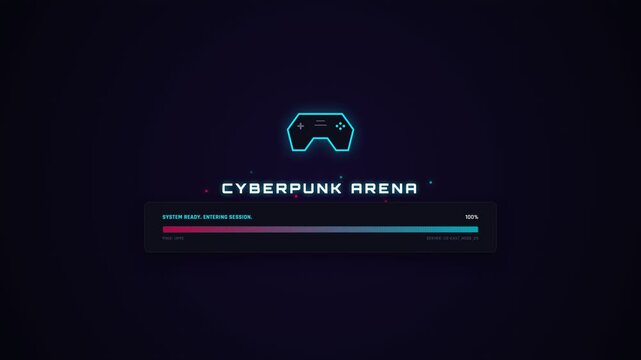 A futuristic gaming loading animation with a neon-lit cyberpunk arena appears on screen