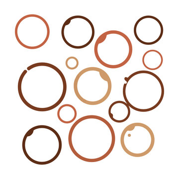 Collection of ten unique circular coffee cup ring stains in various sizes with overlapping arrangements in minimalist flat colors for a clean graphic concept