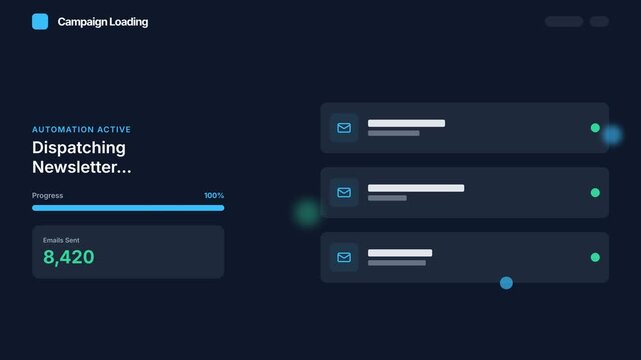 HR recruitment animation shows loading screens with dispatching newsletter on computer