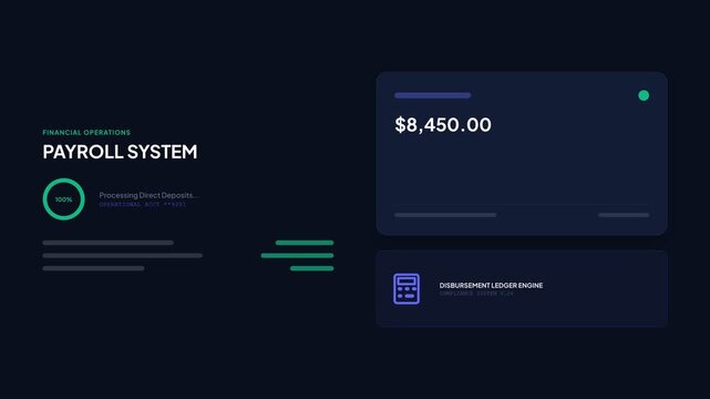 A futuristic payroll system interface loads on a digital screen displaying financial data.