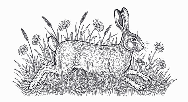 Detailed black and white line art illustration of a wild hare in profile view, featuring intricate fur texture and long ears, minimalist vector graphic on a white background.