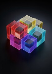 Fototapeta premium A modern geometric arrangement of translucent acrylic blocks features vibrant glowing rainbow contours against a sleek dark background, reflection, aesthetic, abstract