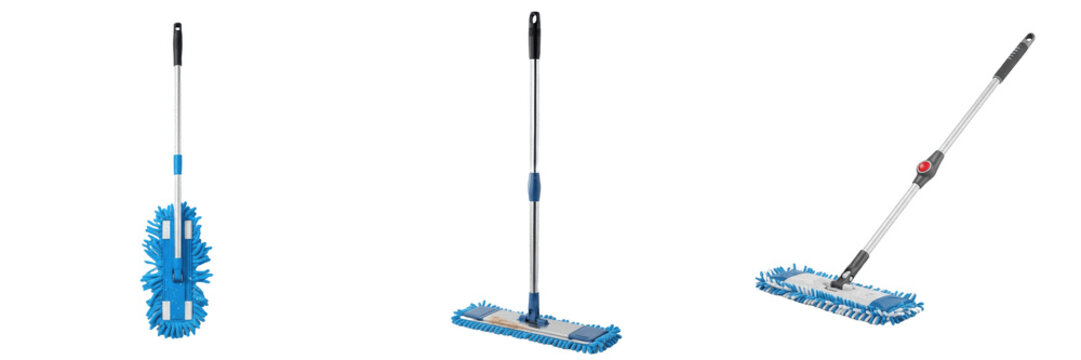 Set of Three Blue Floor Mops Isolated on White Background. Professional Cleaning Tools with Extendable Handles and Microfiber Pads for Housework, Office Maintenance, Sanitation, Hygiene, Floor Care, a