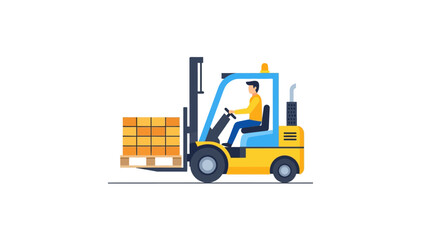 Naklejka premium Warehouse Worker Operating Forklift Truck Carrying Pallet with Cardboard Boxes, Industrial Logistics Vector Illustration Isolated on White