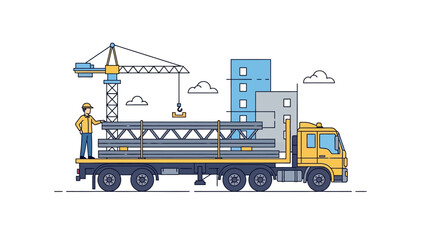 Fototapeta premium Construction Site Illustration with Heavy Duty Truck, Tower Crane, and Worker Transporting Steel Beams for Industrial Building Projects