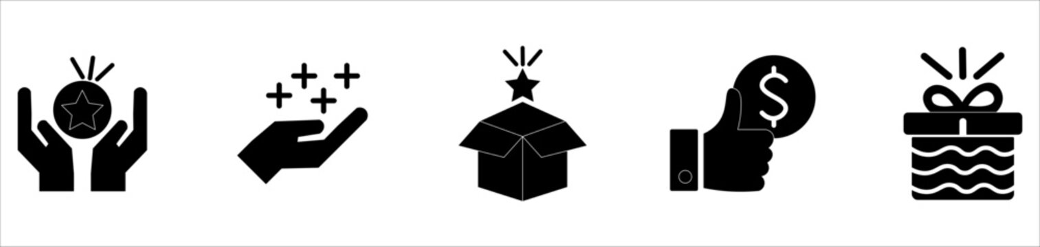 Income icons, surprise boxes, gifts and special offers, Benefit icon set. Simple flat solid vector illustration