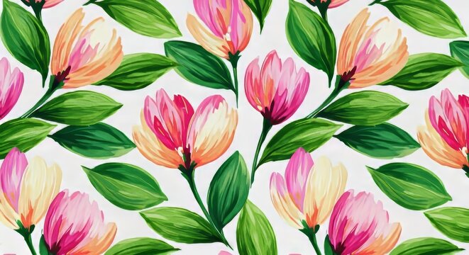Elegant seamless textile pattern featuring stylized abstract flora with artistic brushstrokes of vibrant green leaves and soft petals, floral, organic, pattern