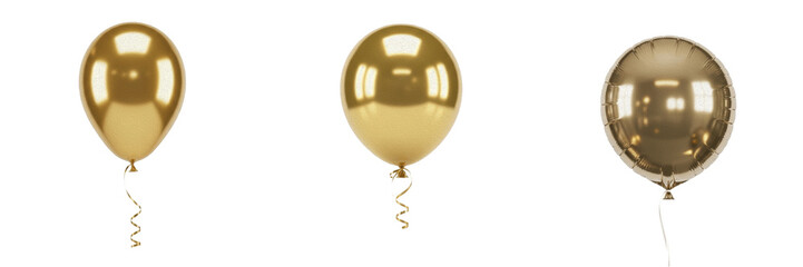 Fototapeta premium Shiny Metallic Gold Balloon with Hanging String PNG Set, Festive Party Celebration Decoration, Birthday Event Graphic Element for Anniversary Layouts