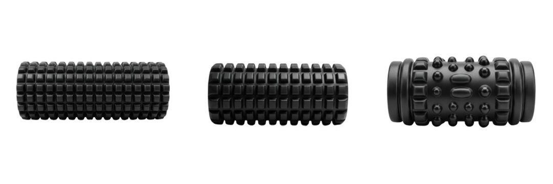 Black Foam Roller Muscle Massage Fitness Equipment PNG Set, Grid Trigger Point Therapy Roller Object for Sports Recovery, Workout, and Gym Designs