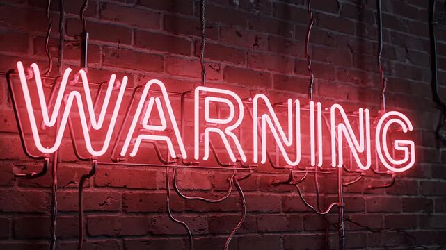 Bright Red Neon Warning Sign Illuminates Brick Wall at Night.