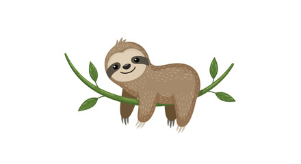 Fototapeta premium Cute Cartoon Sloth Hanging on a Branch with Green Leaves, Smiling