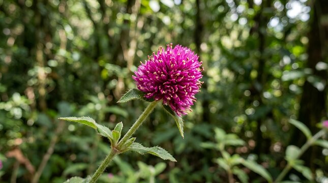 Vibrant pink globe amaranth flower in a green garden.