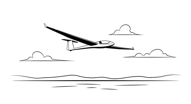 Glider airplane flying over water and clouds, minimalist line art illustration
