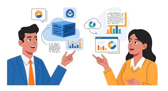 Two business professionals collaborating on data analysis, cloud computing, and digital information management, surrounded by various charts and icons.