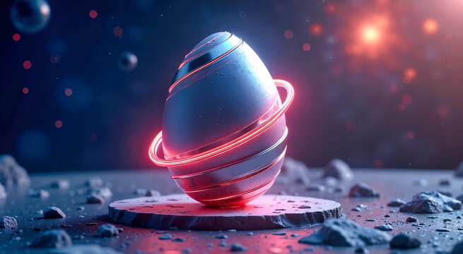 Futuristic metallic Easter egg with glowing red neon rings on a rocky pedestal. Dark atmospheric sci-fi holiday concept