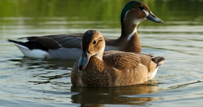 Two brown ducks swimming peacefully on calm water near green grass with soft light and gentle ripples reflecting serene nature wildlife bird feather animal lake water swimming