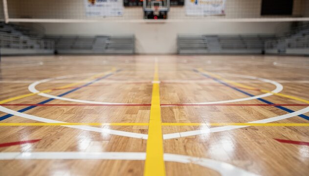 Image showing a multiline sports floor emphasizing the varied court markings in perfect focus with bleachers and gym walls presenting a smooth soft blur.