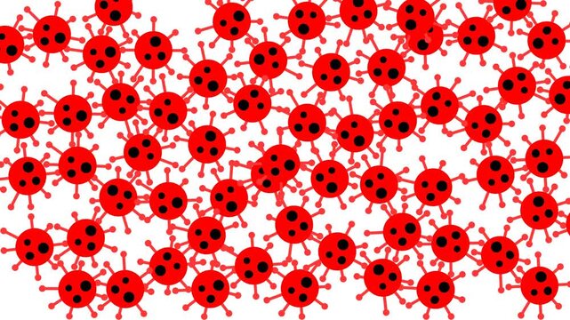 Red hantavirus particles moving and replicating on white background. Stylized red spherical virus particles with black spots and surface spikes drifting and multiplying across a clean white background