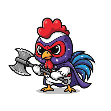 Stylized vector illustration of a futuristic galaxy executioner rooster character featuring intricate sci-fi armor, cosmic energy details, and a powerful warrior stance, isolated.