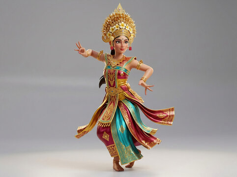 3D illustration of Balinese female dancer wearing traditional costume and golden headdress in elegant cultural dance pose on isolated background.