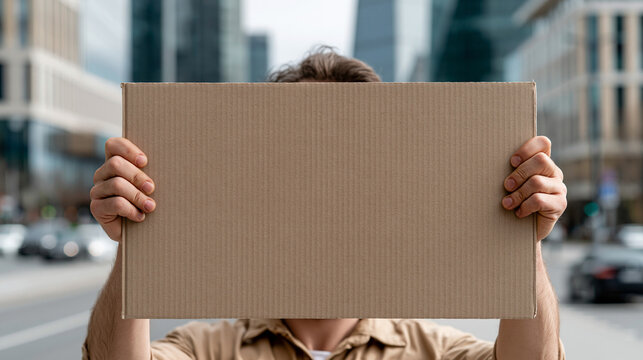 Anonymous Protestor Holding Blank Sign: A lone individual stands amidst a blurred cityscape, obscuring their face with a blank cardboard sign, symbolizing silent dissent and unstated grievances.