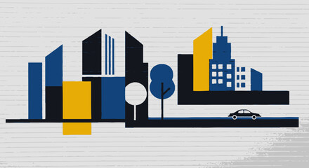 Modern Cityscape Abstract Illustration with Geometric Buildings and Car © rama