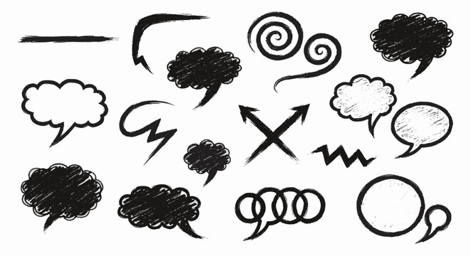 Hand-drawn chalk style speech bubble icon on a plain background, textured white charcoal outline of a callout cloud for dialogue, communication, and messaging vector graphic.
