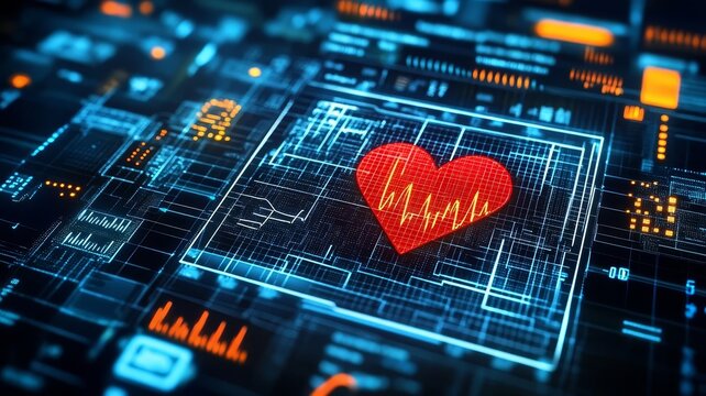 Glowing red heart icon with electrocardiogram graph on futuristic digital motherboard backdrop