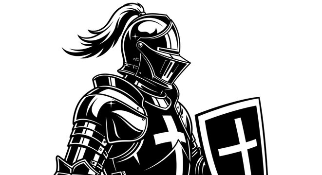 Knight in Shining Armor with Shield, Medieval Warrior Illustration