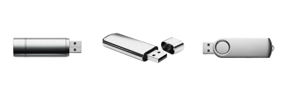 Isolated Silver USB Flash Drive PNG Set Metal Memory Stick Thumb Drive Mockup for Tech Device Brand Storage Data Hardware Graphic Design Project Asset