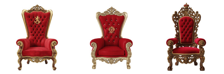 Isolated Royal Red Throne PNG Set Luxury Velvet Armchair with Golden Trim for King Queen Palace...