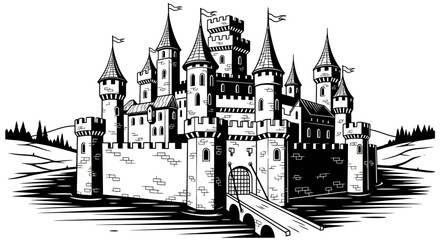 Medieval Castle Illustration - Fairytale Fortress with Towers and Bridge © rama