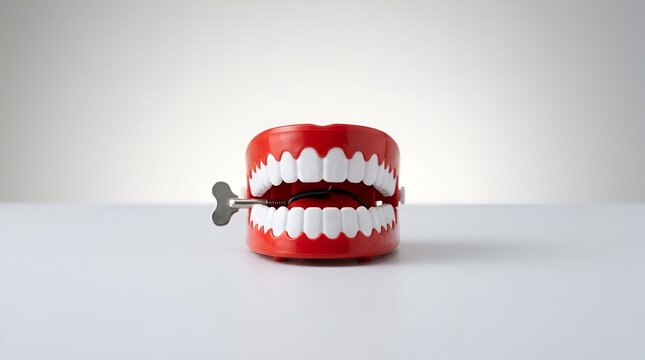 Wind up chattering teeth toy on white surface.