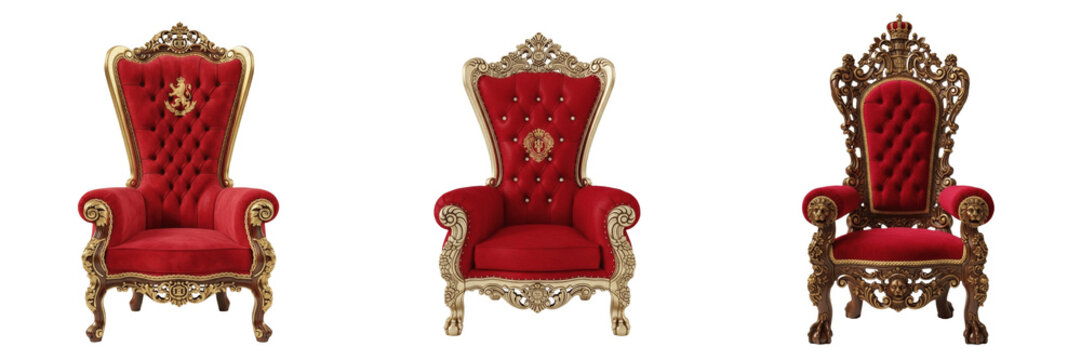 Isolated Royal Red Throne PNG Set Luxury Velvet Armchair with Golden Trim for King Queen Palace Interior Castle Theme Graphic Design Material Asset