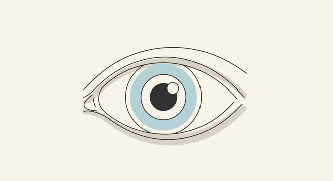 Minimalist illustration of a human eye with blue iris and black pupil on a beige background